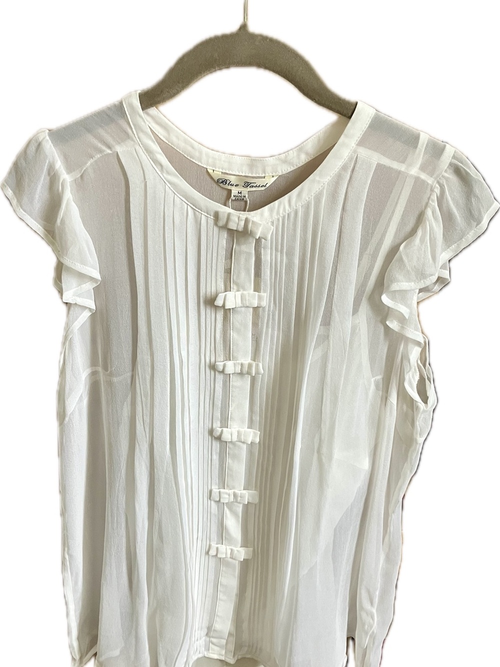 Blue Tassel White Silk Ruffled  Blouse and Camisole